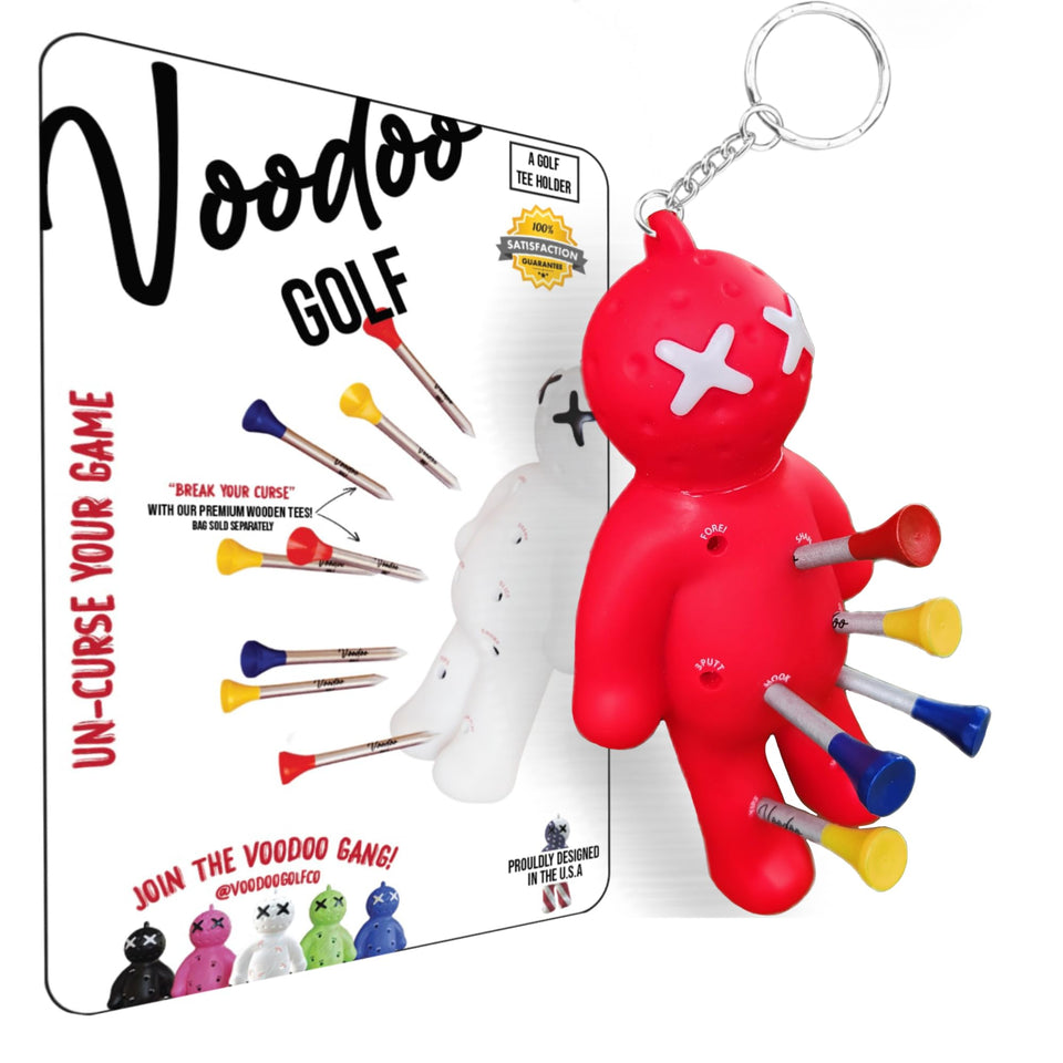 Voodoo Golf ball tee holder keychain in red keeps tees handy on your bag