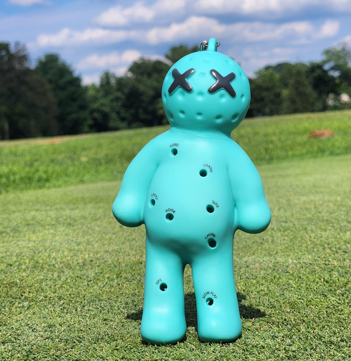 Voodoo Golf tee holder attached to bag for easy tee access during rounds.