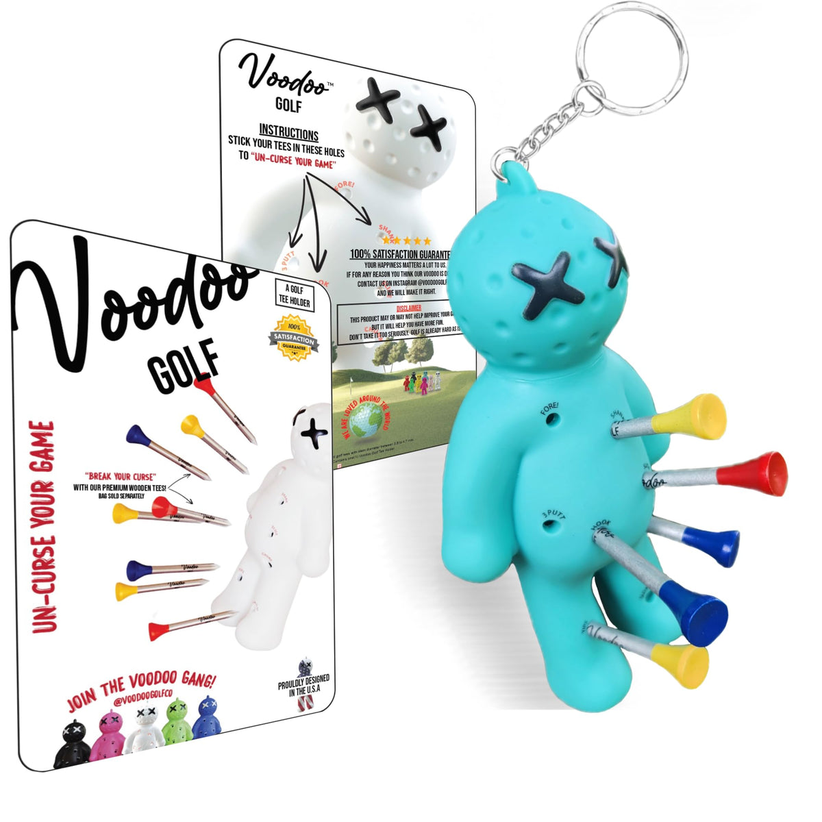 Voodoo Golf turquoise tee holder keychain for on-the-go golf bags.