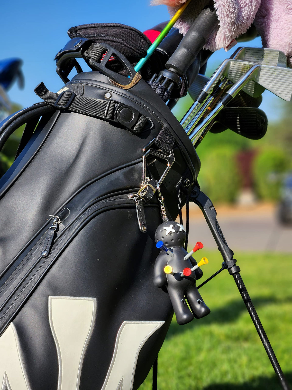 Voodoo Golf novelty keychain tee holder in black for easy bag access