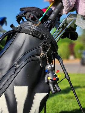Voodoo Golf novelty keychain tee holder in black for easy bag access