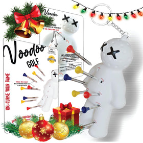 Voodoo Golf tee holder keychain on white keeps tees within reach.