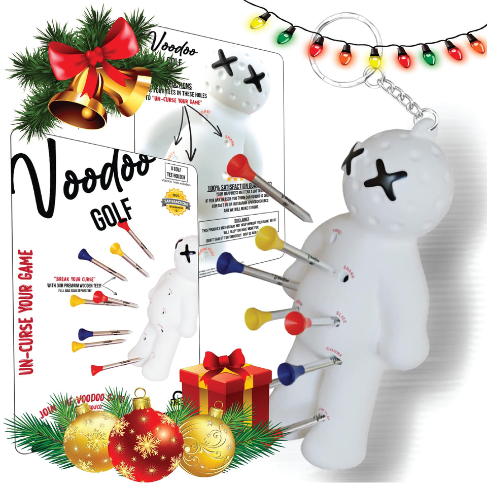 Voodoo Golf tee holder keychain on white keeps tees within reach.