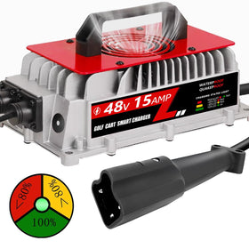 Voolex 15A 800W charger front view, compact design for outdoor golf cart charging.