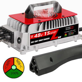 Voolex 48V golf cart charger front view ready for outdoor charging on the course
