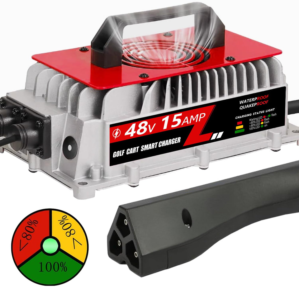 Voolex 48V golf cart charger front view ready for outdoor charging on the course
