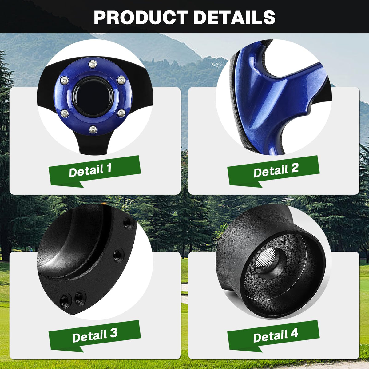 Close-up of the PVC steering wheel grip in blue for non-slip comfort