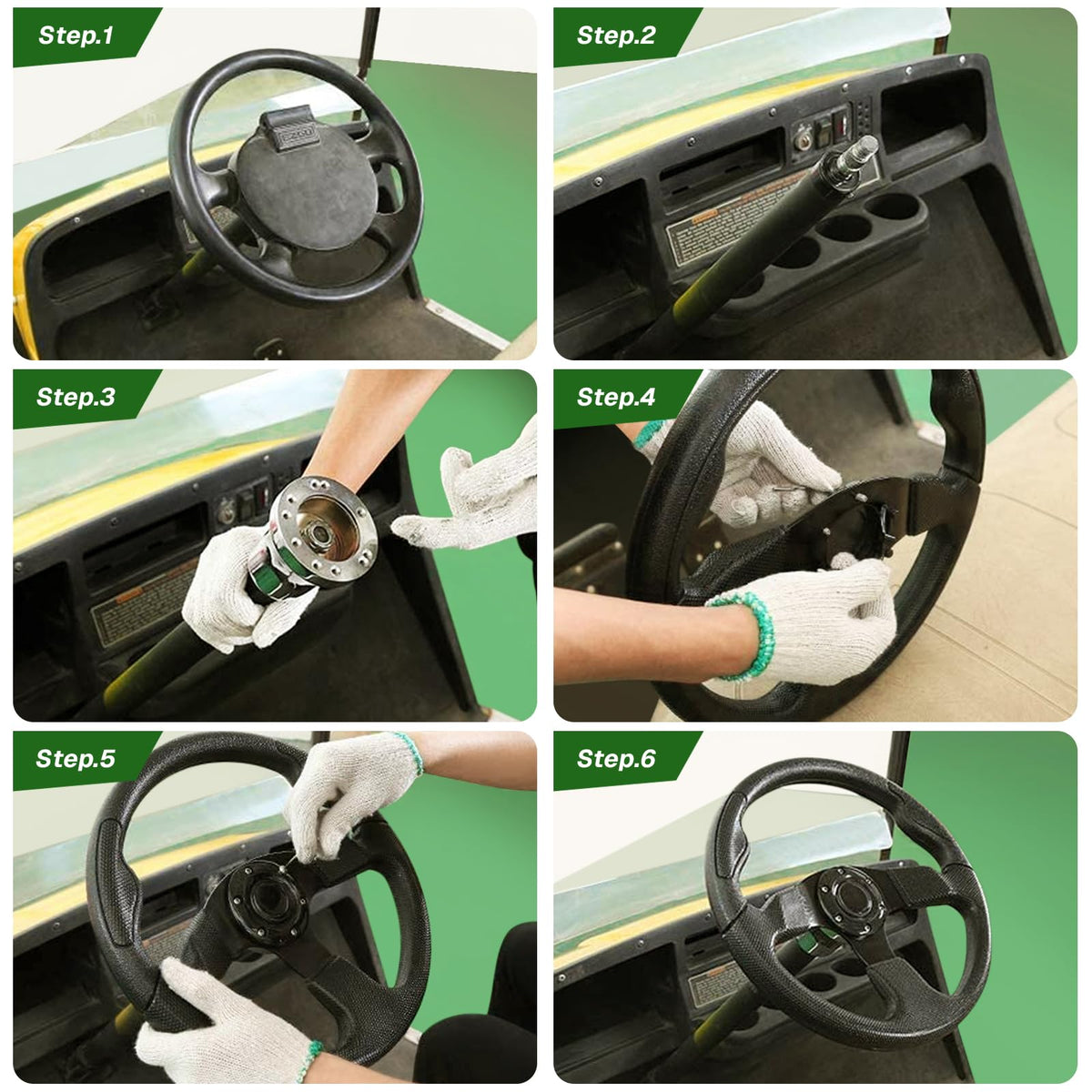 VOONKE steering wheel installed on golf cart showing upgraded control