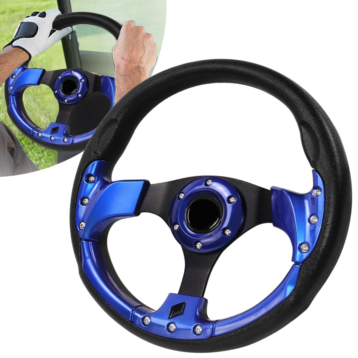 VOONKE universal golf steering wheel with ergonomic blue grip for comfortable, responsive handling.