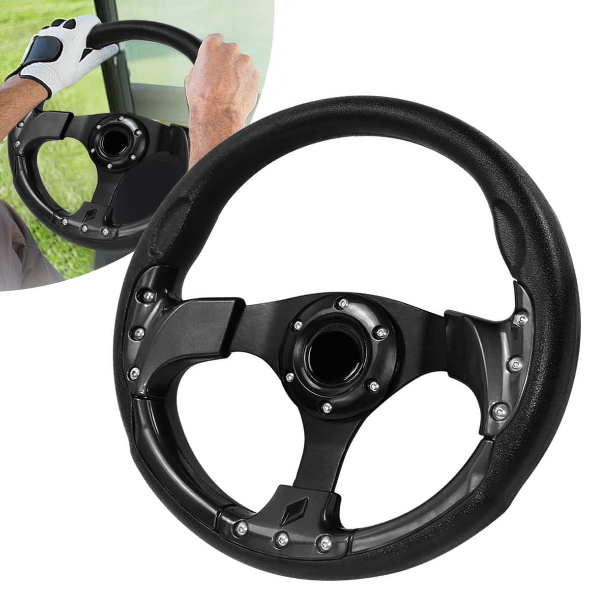VOONKE universal golf steering wheel side view highlights ergonomic design for comfort.