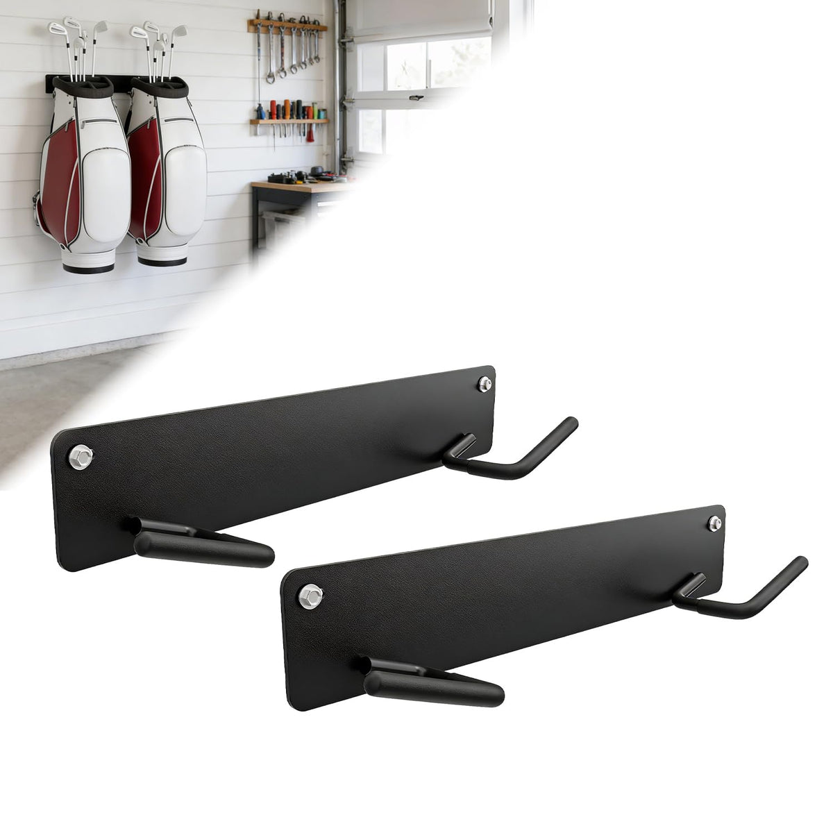 Vornalex angled-hooks golf bag hanger securely cradles bags.