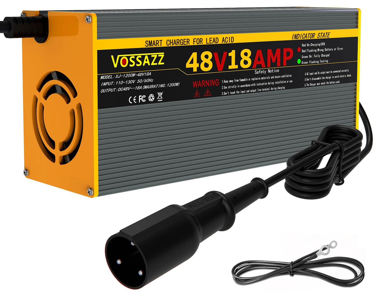 VOSSAZZ 48V Club Car charger front view with compact design for easy storage.