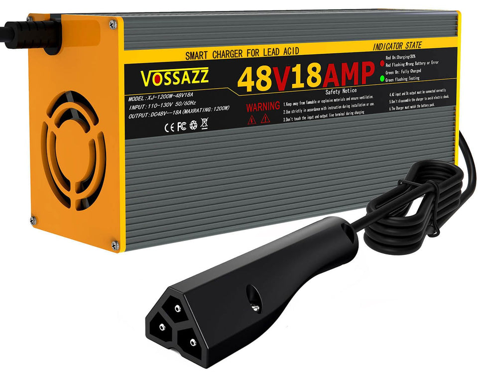 VOSSAZZ 48V EZGO charger with 3-pin plug boosts charging speed for RXV and TXT.
