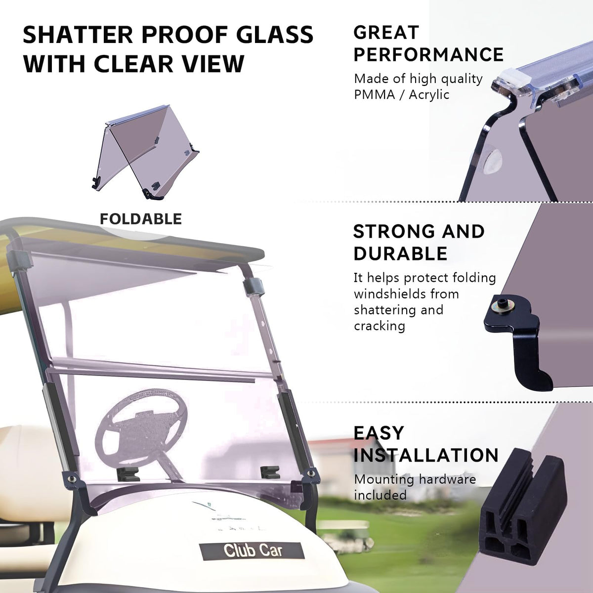 VPAHub Club Car Precedent Tempo windshield kit includes mounting hardware for easy installation.
