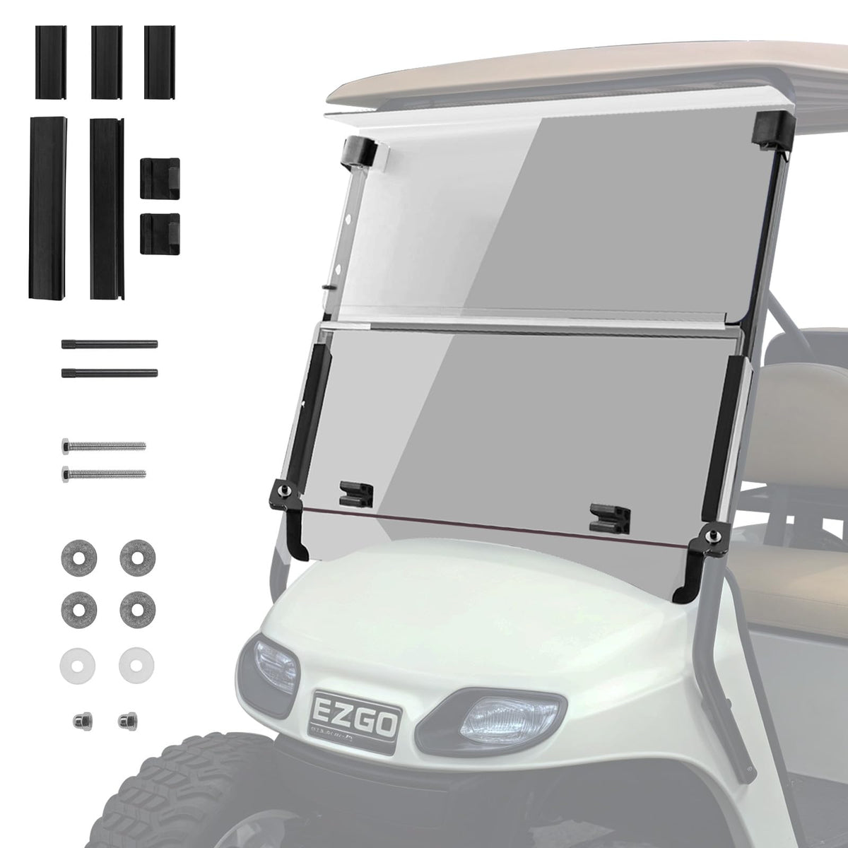 VPAHub compact windshield installed on EZGO TXT with included hardware.