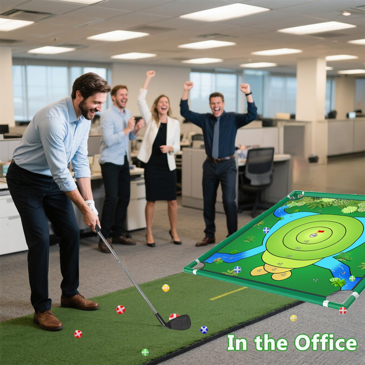 VQRZG office party tabletop setup for collaborative short-game challenges.
