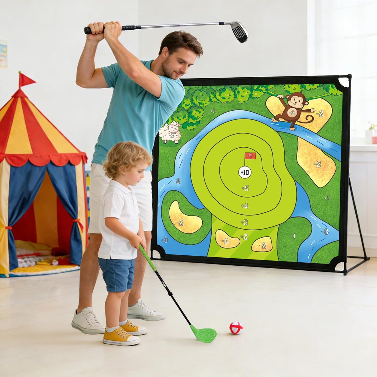 VSOCIRT indoor-outdoor target shows versatile practice for family golf sessions.