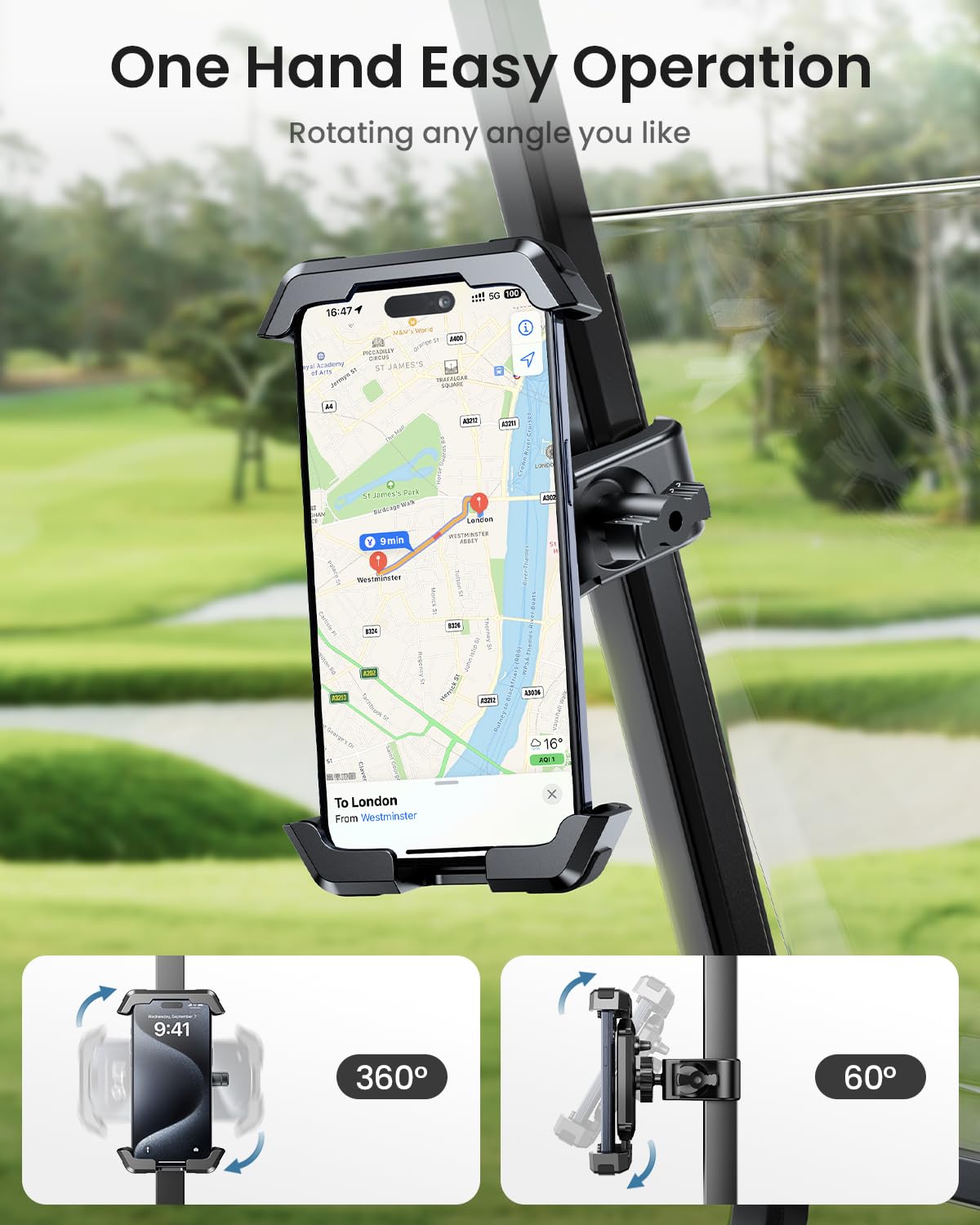 VUP golf cart phone holder 360-degree rotation for ideal viewing angle