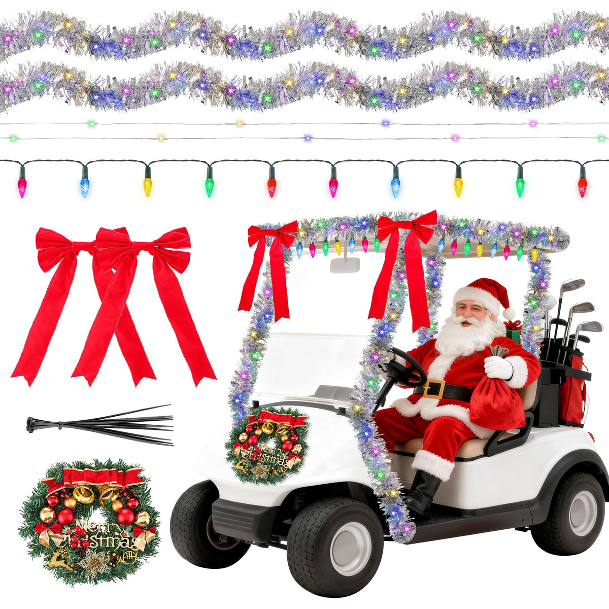 Vynium Christmas golf cart wreath adds a warm focal point for festive parades.