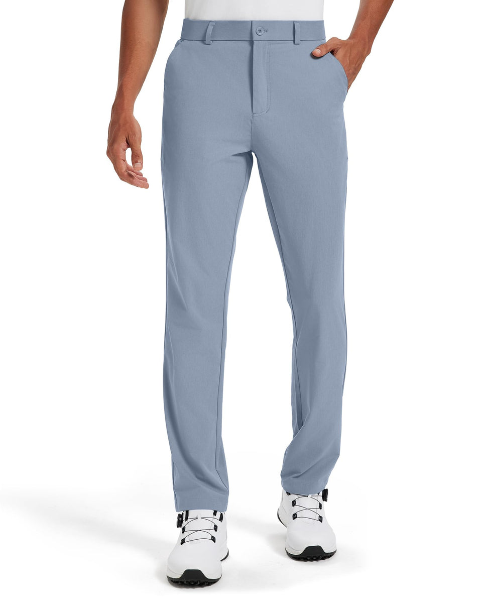 Vytroon men's golf pants front view in chambray blue with all-day stretch.