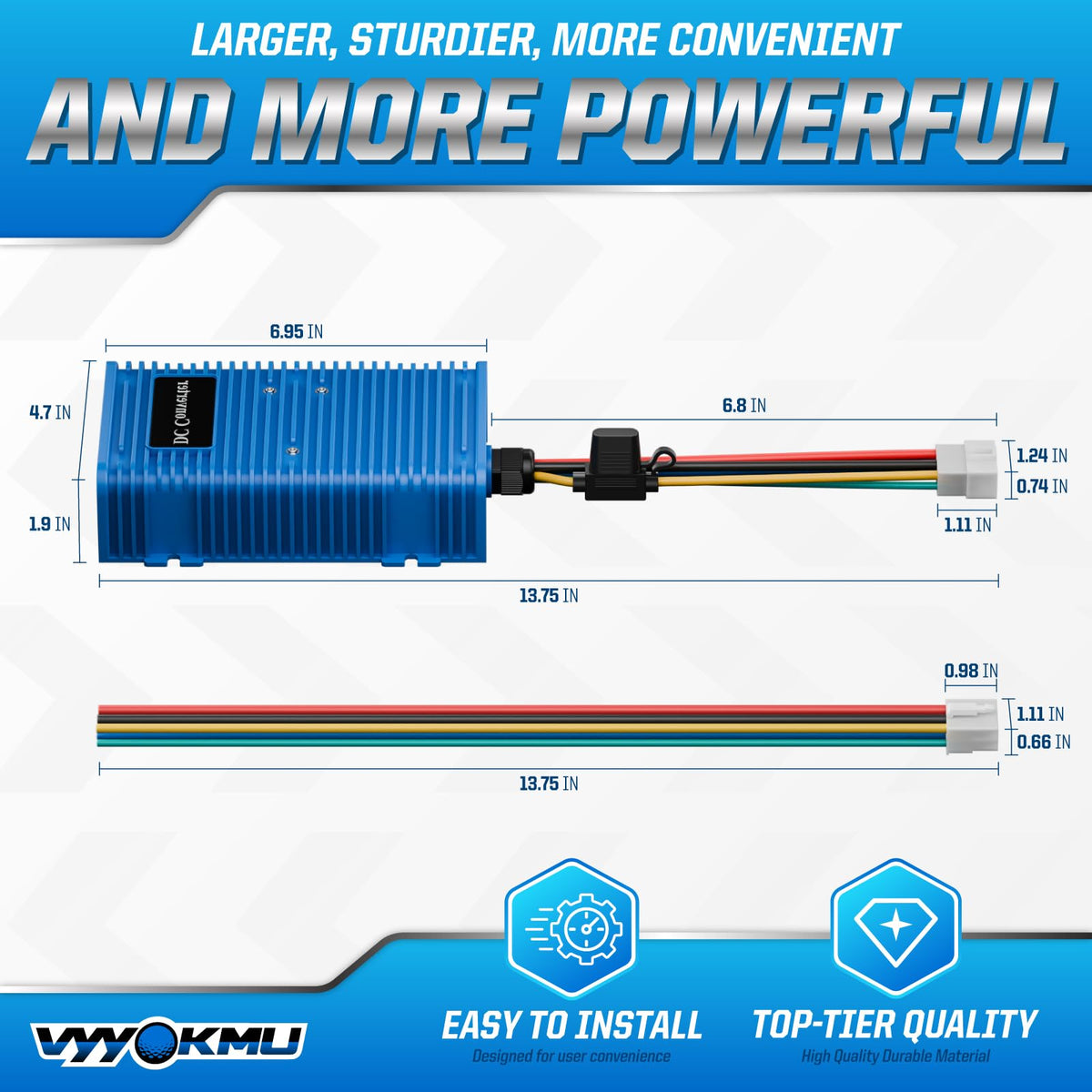 VYYOKMU 12V output powers LEDs and motors reliably.