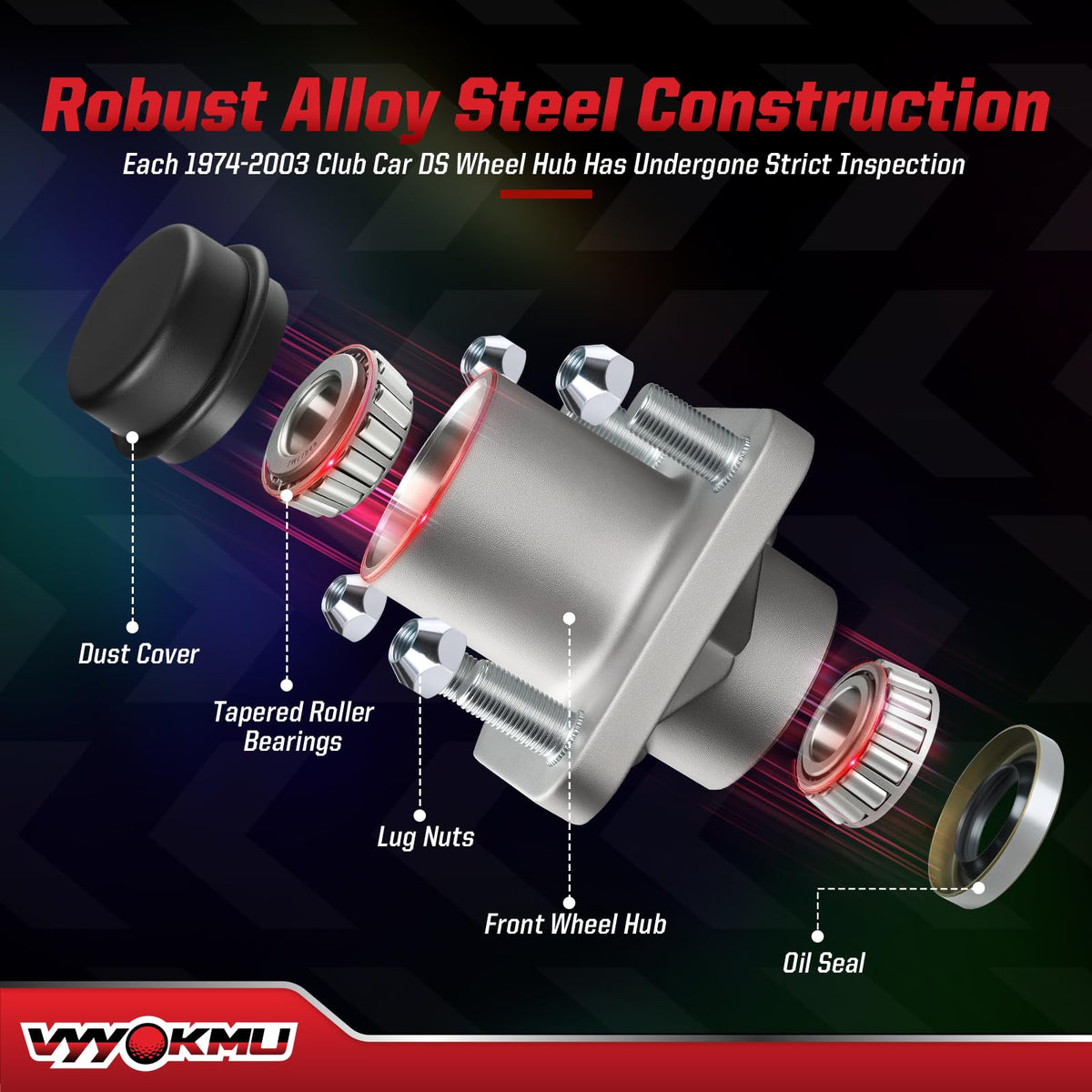 VYYOKMU front wheel hub close-up for Club Car DS assembly.