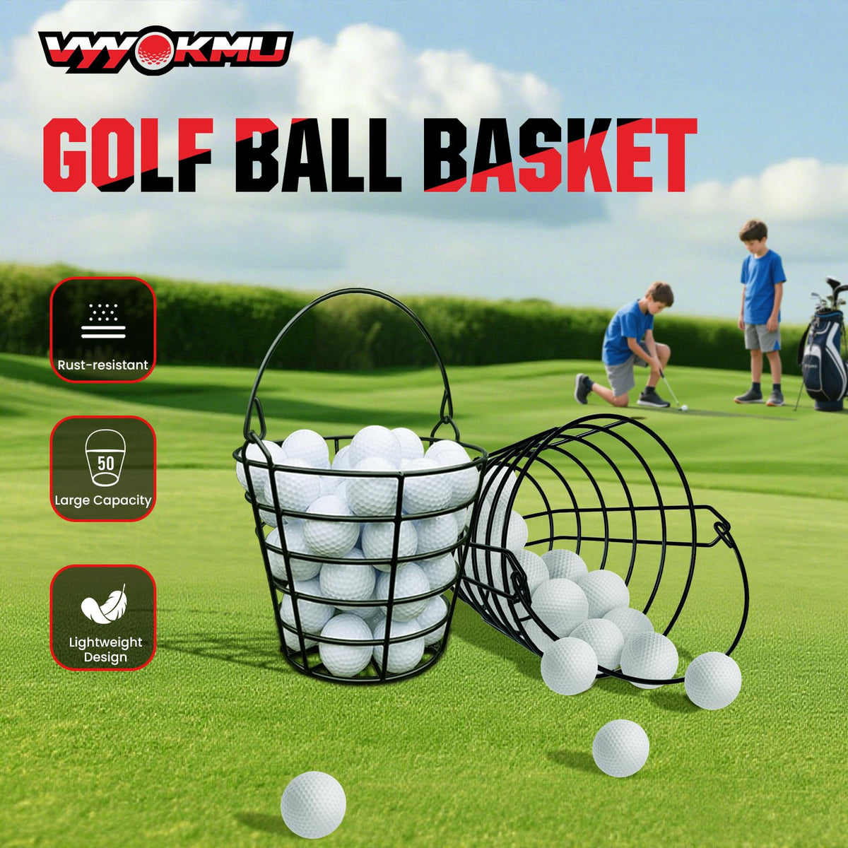 VYYOKMU stainless steel golf ball bucket holding 50 balls securely.