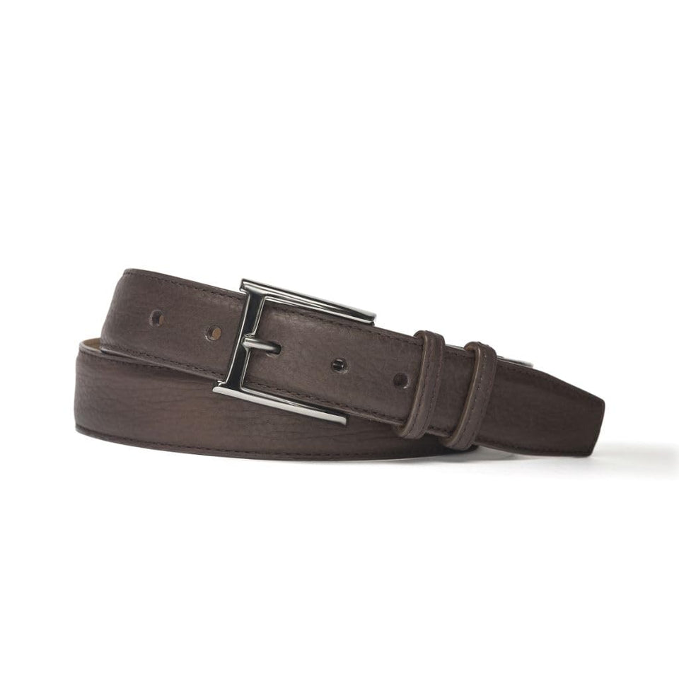 W. Kleinberg bison belt with gunmetal buckle in chocolate leather, ideal for polished daily wear