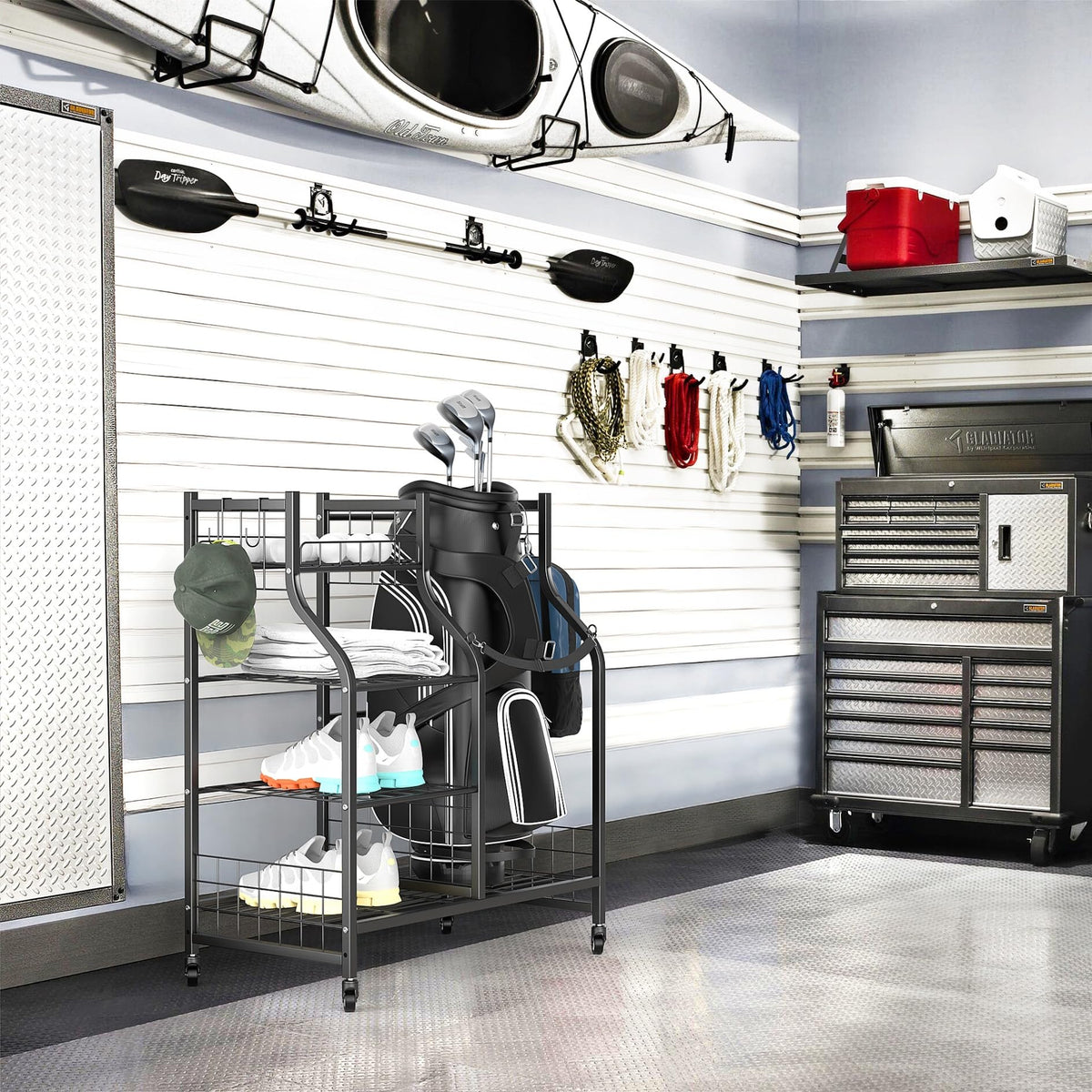 WALMANN garage golf bag stand front view demonstrates easy access to gear for one bag.