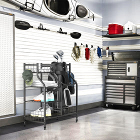 WALMANN garage golf bag stand front view demonstrates easy access to gear for one bag.