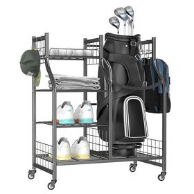 WALMANN garage golf bag stand side view shows compact, organized single-bag storage.