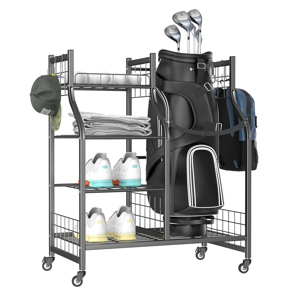 WALMANN garage golf bag stand side view shows compact, organized single-bag storage.