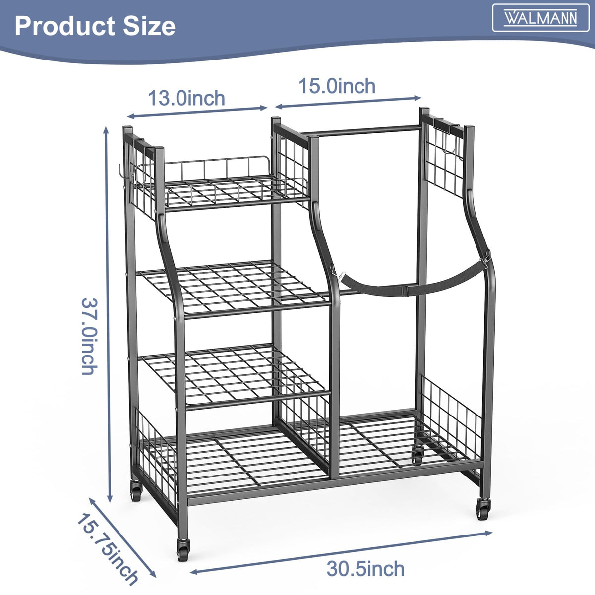 WALMANN accessory storage shelves highlight space for gloves, balls, and hats.