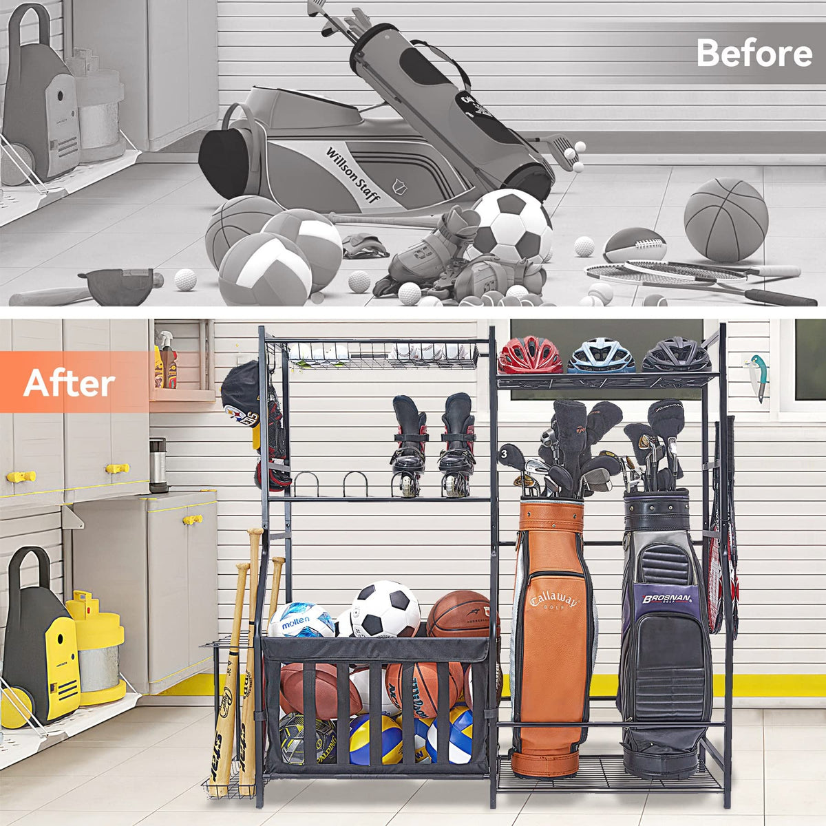 WALMANN floor-space-saving layout clears garage floor for playing.