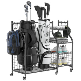 Walmann garage golf bag stand front view with two bags for quick access