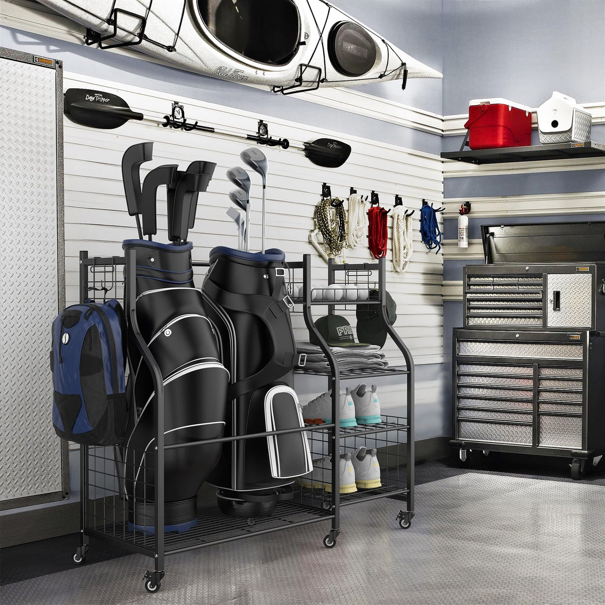 Walmann garage golf bag stand side view with casters for easy mobility