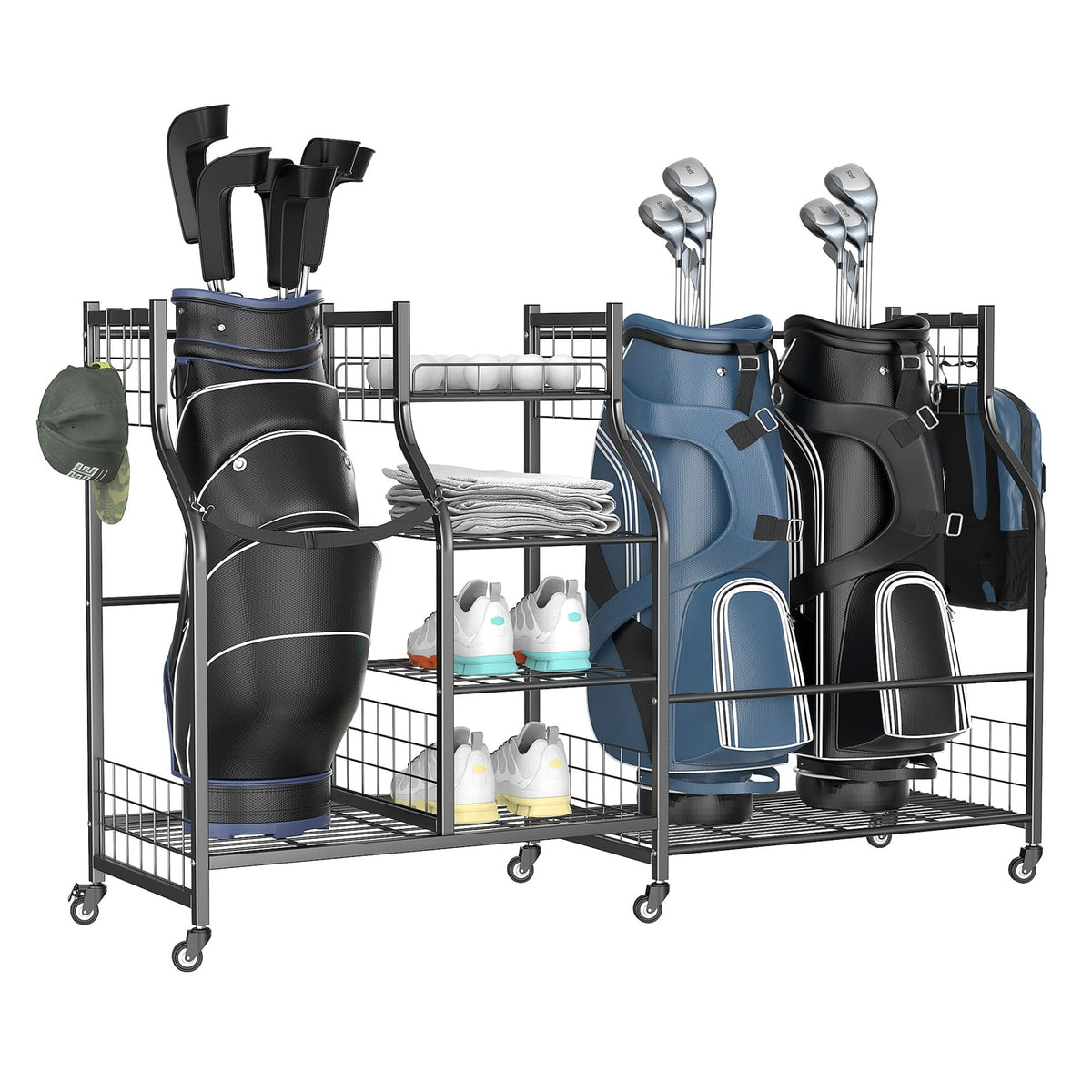 WALMANN garage golf bag storage stand keeps gear neatly organized and accessible.