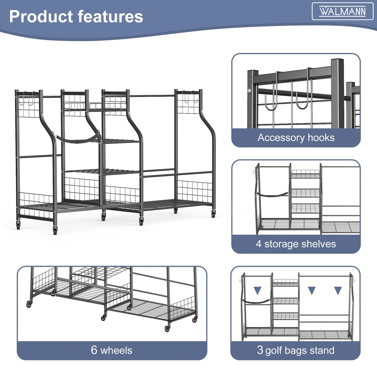 WALMANN golf accessories storage shelves neatly display hats, gloves, and balls.