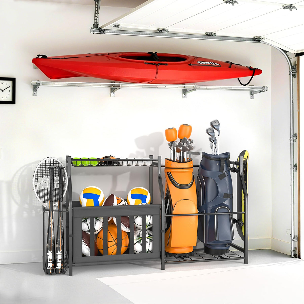 Walmann golf bag holder neatly stores two bags for quick access.