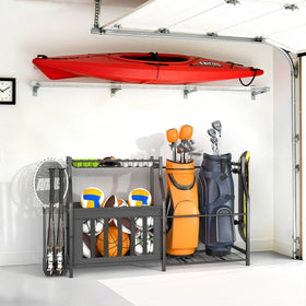 Walmann golf bag holder neatly stores two bags for quick access.