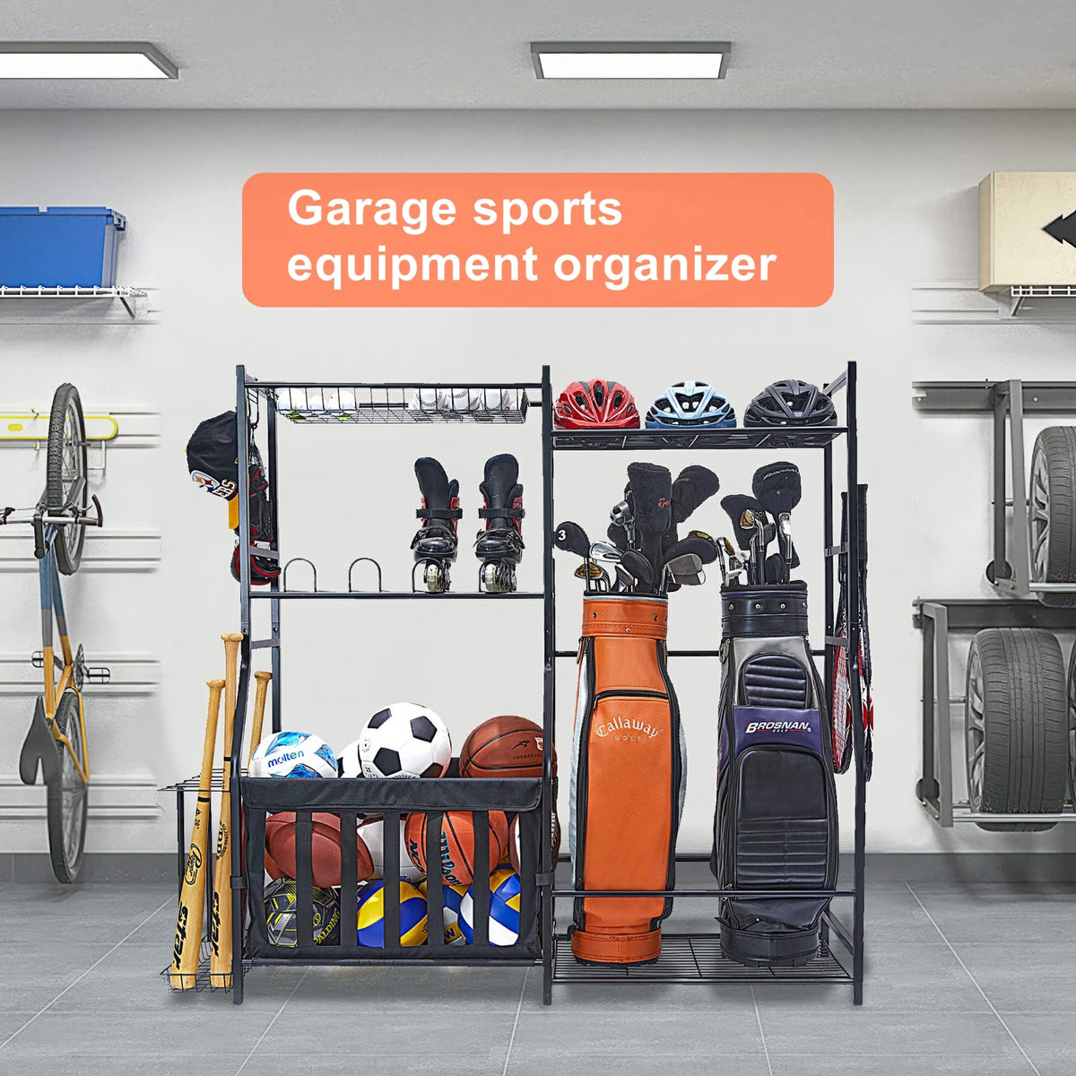 WALMANN golf bag stand demonstrates two-bag capacity for clutter-free storage.
