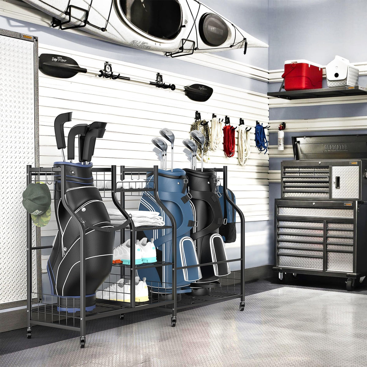 WALMANN rolling golf bag storage with wheels enables easy indoor and outdoor movement.