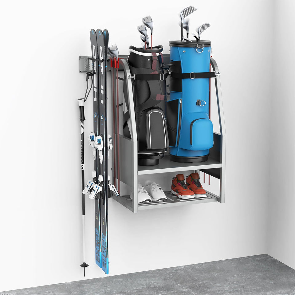 WALMANN wall mount golf bag organizer holds two bags for tidy garage storage.
