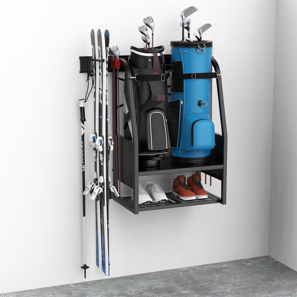 WALMANN wall mount holds two golf bags securely for easy access