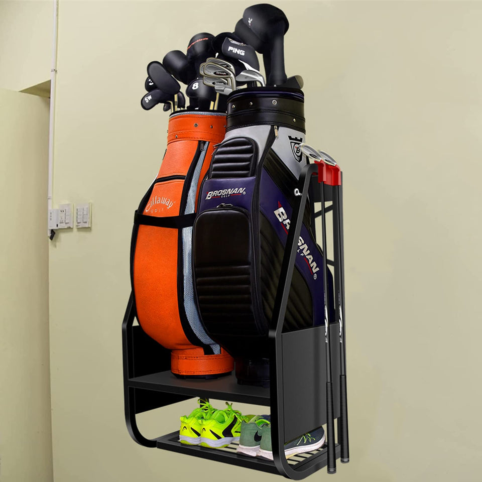 WALMANN wall-mount golf bag organizer holding two bags for easy garage storage.
