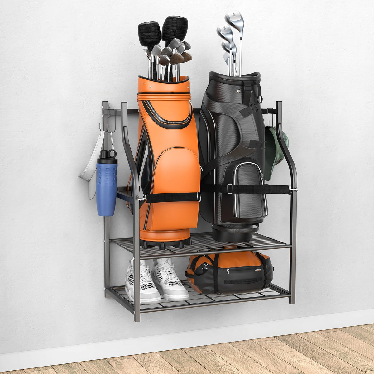 WALMANN wall-mounted golf bag organizer front view keeps two bags secure.