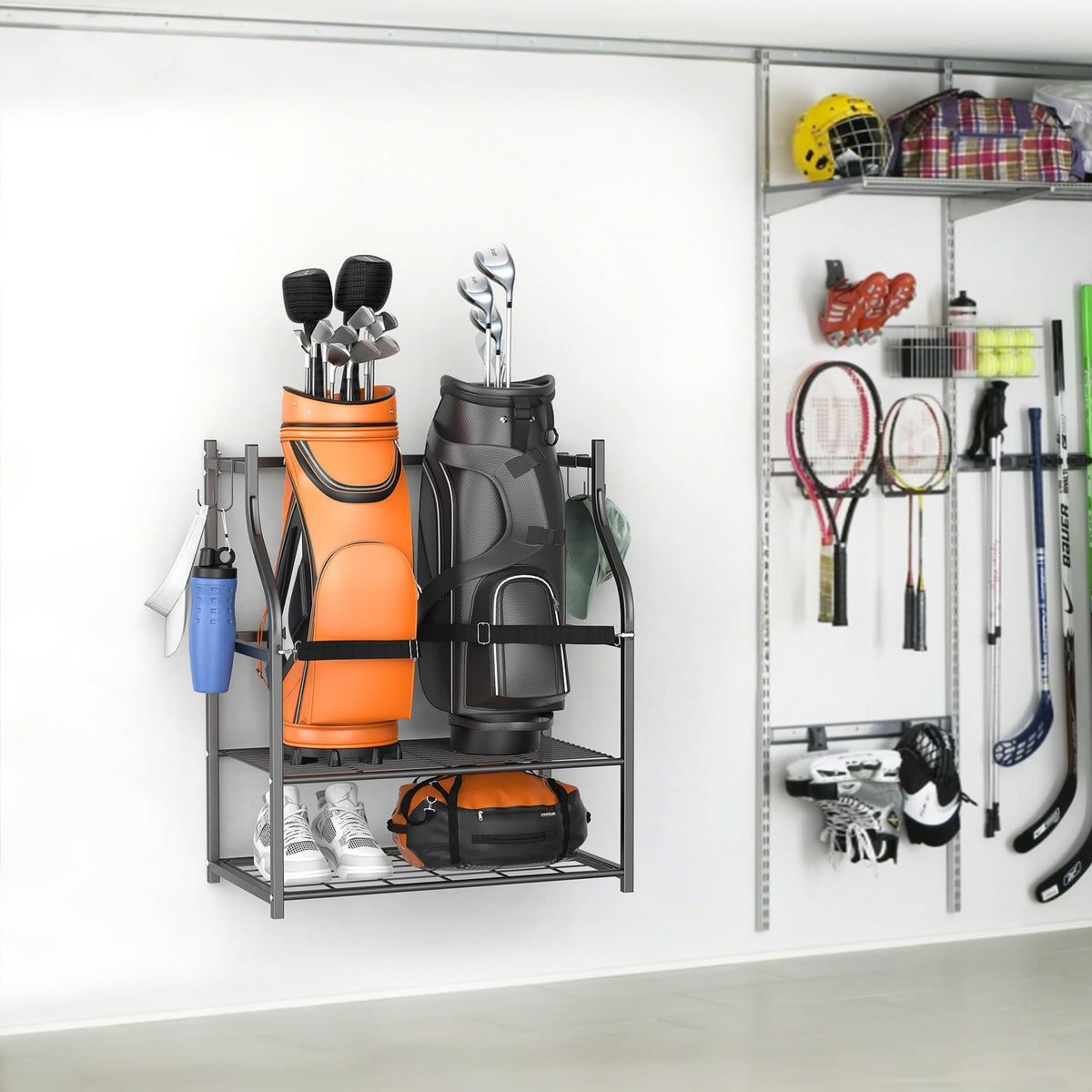 WALMANN wall-mounted organizer side view with hooks for towels and accessories.