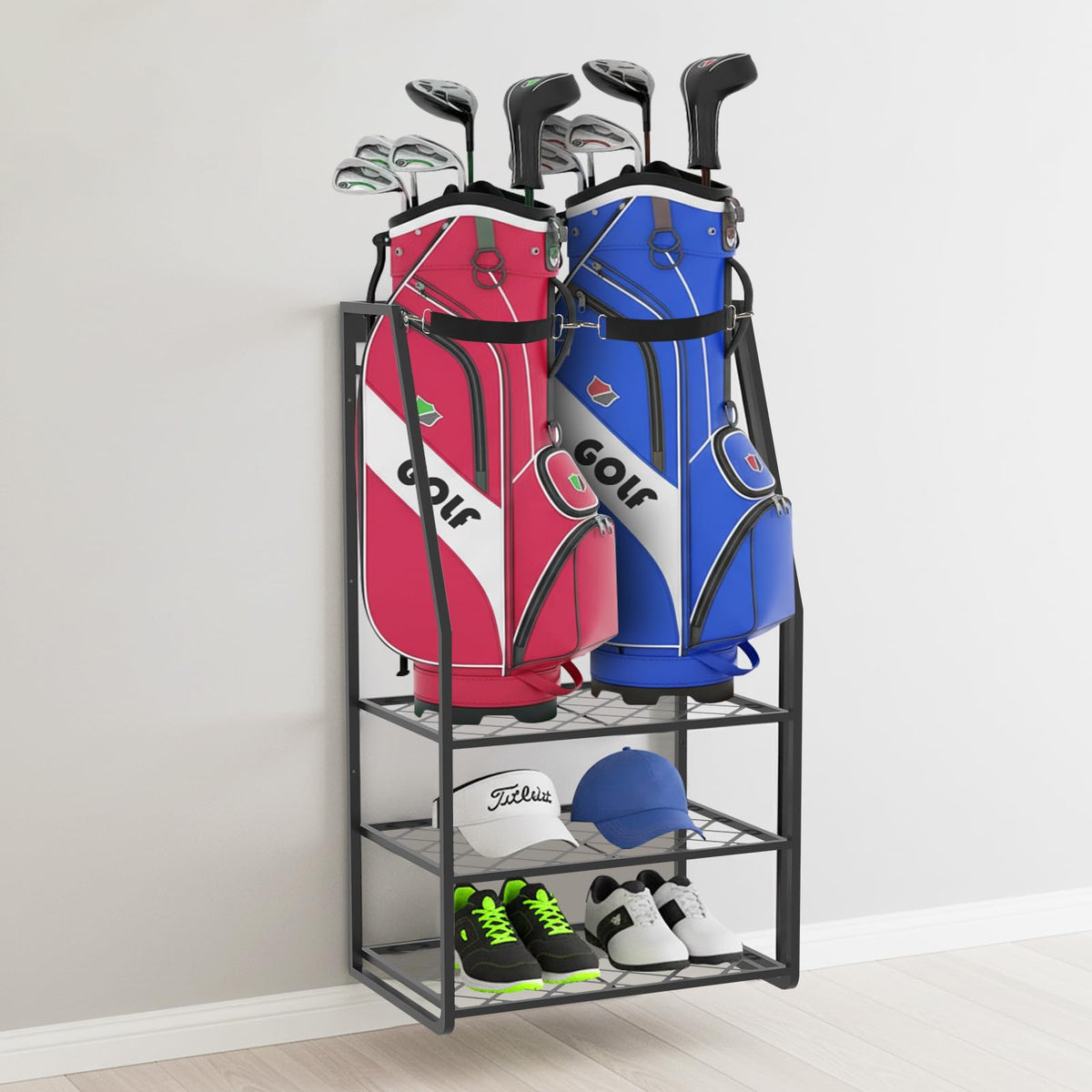 Wanyshapy wall-mount golf bag organizer on display, saving floor space