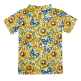 Warmkitty Sunflower Butterfly Yellow Print Boys Polo Shirt back view, versatile beach days.