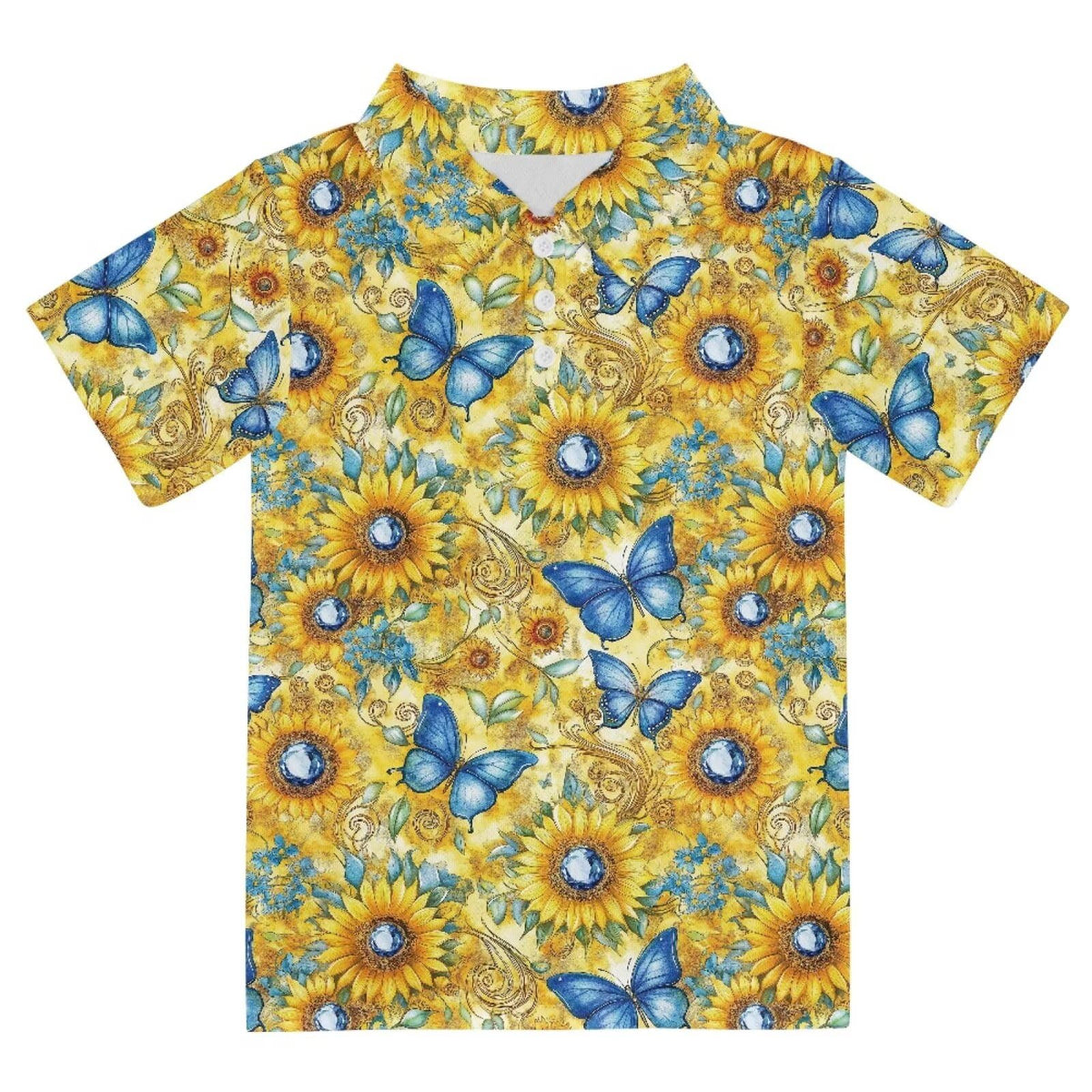 Warmkitty Sunflower Butterfly Yellow Print Boys Polo Shirt front view, breathable summer wear.